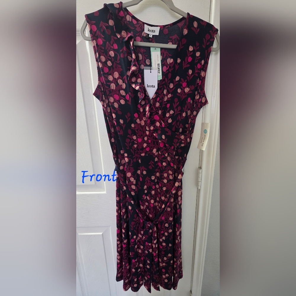 Leota Pink and Black Leaf Midi Dress